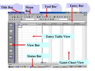Title Bar Menu Bar Tool Bar Entry Bar View Bar Status   Bar Gantt Chart View Entry Table View 