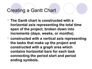 Creating a Gantt Chart The Gantt chart is constructed with a horizontal axis representing the total time span of the project, broken down into increments (days, weeks, or months). constructed with a vertical axis representing the tasks that make up the project and constructed with a graph area which contains horizontal bars for each task connecting the period start and period ending symbols.  