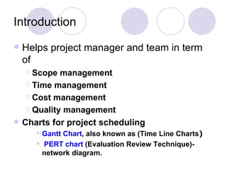 Introduction Helps project manager and team in term of Scope management Time management Cost management Quality management Charts for project scheduling  Gantt Chart , also known as (Time Line Charts ) PERT chart  (Evaluation Review Technique)-network diagram. 