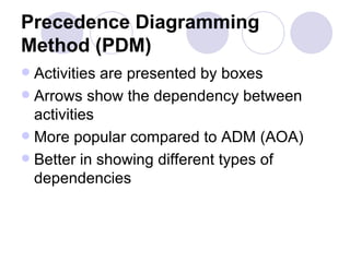 Precedence Diagramming Method (PDM) Activities are presented by boxes Arrows show the dependency between activities  More popular compared to ADM (AOA) Better in showing different types of dependencies 