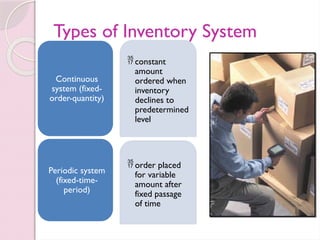 Types of Inventory System
constant
amount
ordered when
inventory
declines to
predetermined
level
Continuous
system (fixed-
order-quantity)
order placed
for variable
amount after
fixed passage
of time
Periodic system
(fixed-time-
period)
 
