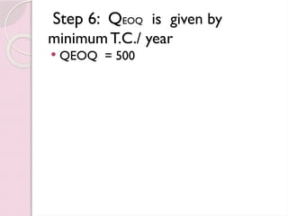 Step 6: QEOQ is given by
minimum T.C./ year
 QEOQ = 500
 