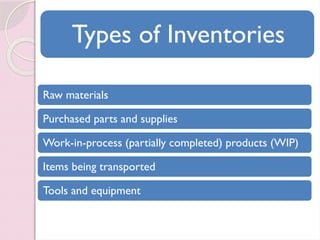 Types of Inventories
Raw materials
Purchased parts and supplies
Work-in-process (partially completed) products (WIP)
Items being transported
Tools and equipment
 