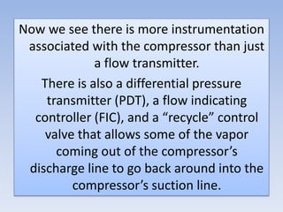 Now we see there is more instrumentation
associated with the compressor than just
a flow transmitter.
There is also a differential pressure
transmitter (PDT), a flow indicating
controller (FIC), and a “recycle” control
valve that allows some of the vapor
coming out of the compressor’s
discharge line to go back around into the
compressor’s suction line.
 