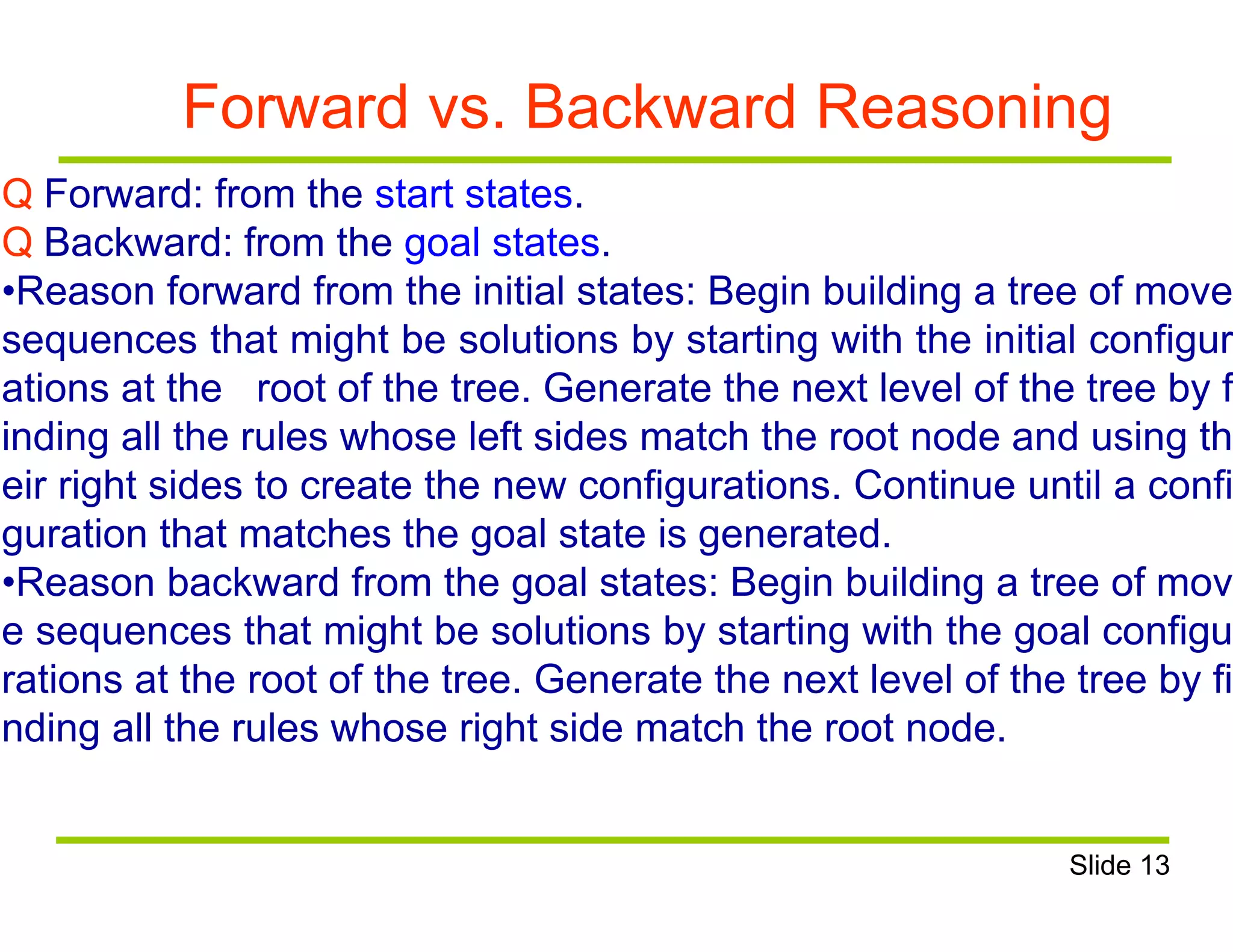 Forward vs. Backward Reasoning
Q Forward: from the start states.
Q Backward: from the goal states.
•Reason forward from the initial states: Begin building a tree of move
sequences that might be solutions by starting with the initial configur
ations at the root of the tree. Generate the next level of the tree by f
inding all the rules whose left sides match the root node and using th
eir right sides to create the new configurations. Continue until a confi
guration that matches the goal state is generated.
•Reason backward from the goal states: Begin building a tree of mov
e sequences that might be solutions by starting with the goal configu
rations at the root of the tree. Generate the next level of the tree by fi
nding all the rules whose right side match the root node.
Slide 13
 
