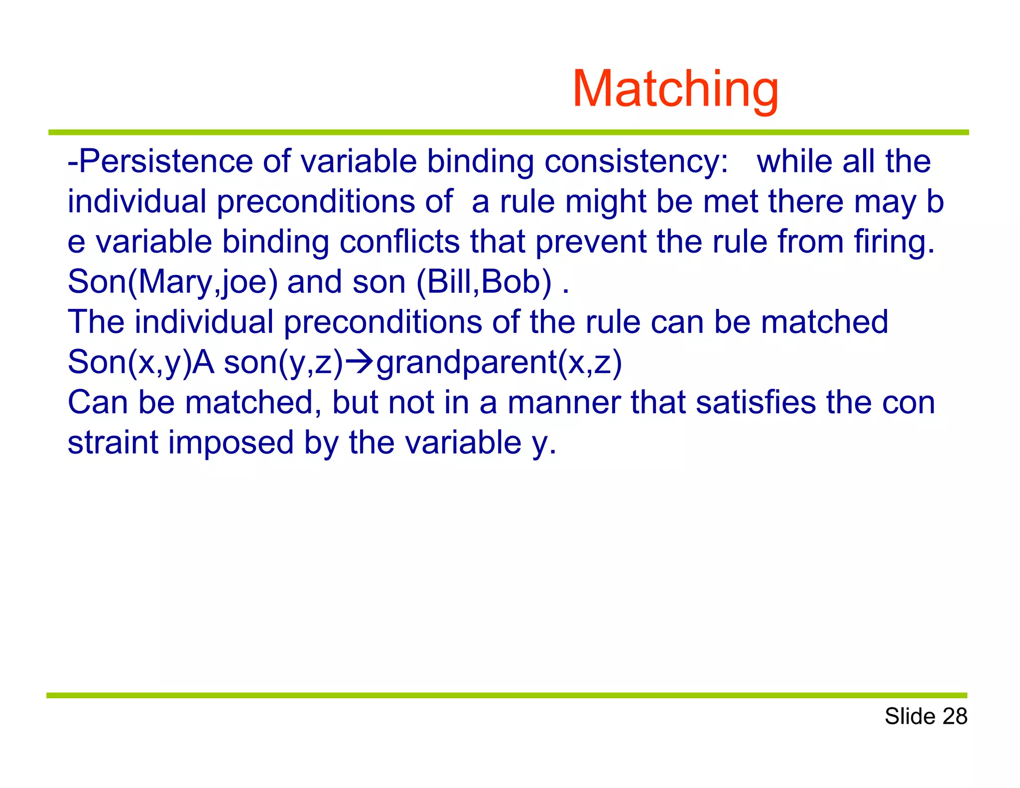 Matching
-Persistence of variable binding consistency: while all the
individual preconditions of a rule might be met there may b
e variable binding conflicts that prevent the rule from firing.
Son(Mary,joe) and son (Bill,Bob) .
The individual preconditions of the rule can be matched
Son(x,y)A son(y,z)grandparent(x,z)
Can be matched, but not in a manner that satisfies the con
straint imposed by the variable y.
Slide 28
 