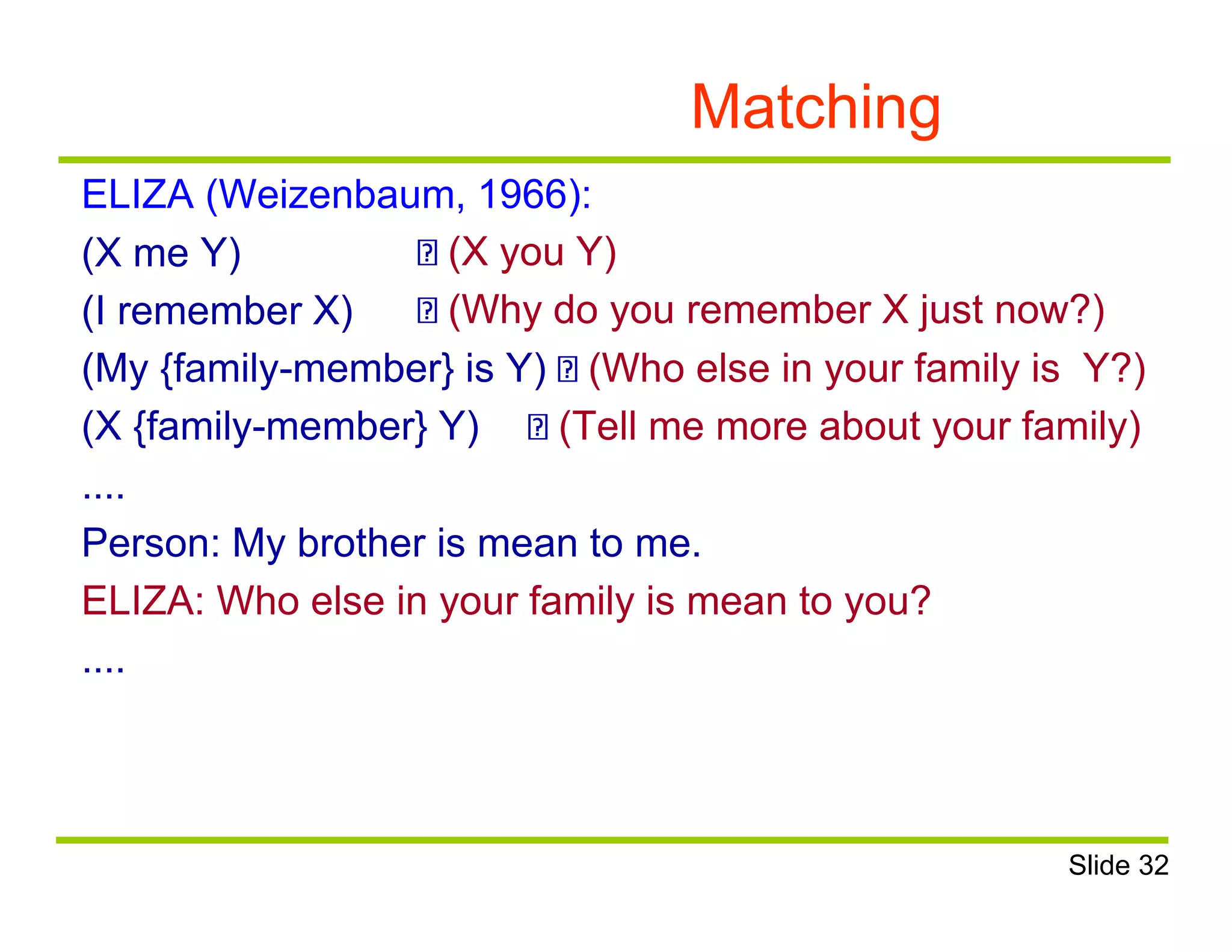 Matching
ELIZA (Weizenbaum, 1966):
(X me Y)
(I remember X)
(X you Y)
(Why do you remember X just now?)
(My {family-member} is Y) (Who else in your family is Y?)
(X {family-member} Y) (Tell me more about your family)
....
Person: My brother is mean to me.
ELIZA: Who else in your family is mean to you?
....
Slide 32
 
