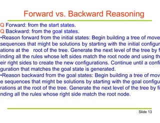 Forward vs. Backward Reasoning
Q Forward: from the start states.
Q Backward: from the goal states.
•Reason forward from the initial states: Begin building a tree of move
sequences that might be solutions by starting with the initial configur
ations at the root of the tree. Generate the next level of the tree by f
inding all the rules whose left sides match the root node and using th
eir right sides to create the new configurations. Continue until a confi
guration that matches the goal state is generated.
•Reason backward from the goal states: Begin building a tree of mov
e sequences that might be solutions by starting with the goal configu
rations at the root of the tree. Generate the next level of the tree by fi
nding all the rules whose right side match the root node.
Slide 13
 