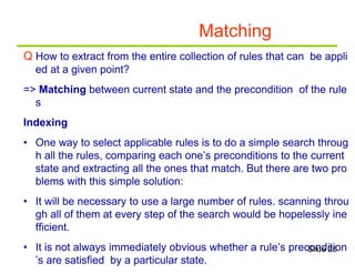 Matching
Q How to extract from the entire collection of rules that can be appli
ed at a given point?
=> Matching between current state and the precondition of the rule
s
Indexing
• One way to select applicable rules is to do a simple search throug
h all the rules, comparing each one’s preconditions to the current
state and extracting all the ones that match. But there are two pro
blems with this simple solution:
• It will be necessary to use a large number of rules. scanning throu
gh all of them at every step of the search would be hopelessly ine
fficient.
• It is not always immediately obvious whether a rule’s precondition
’s are satisfied by a particular state.
Slide 25
 