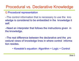 Procedural vs. Declarative Knowledge
Q Procedural representation
–The control information that is necessary to use the kno
wledge is considered to be embedded in the knowledge it
self.
–Need an interpreter that follows the instructions given in
the knowledge.
–The real difference between the declarative and the pro
cedural views of knowledge lines in where control informa
tion resides.
• Kowalski’s equation: Algorithm = Logic + Control
Slide 3
 