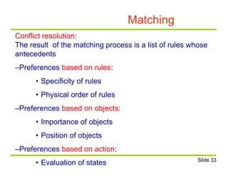Matching
Conflict resolution:
The result of the matching process is a list of rules whose
antecedents
–Preferences based on rules:
• Specificity of rules
• Physical order of rules
–Preferences based on objects:
• Importance of objects
• Position of objects
–Preferences based on action:
• Evaluation of states Slide 33
 