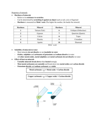 2
Properties of minerals
 Hardness of minerals
- Refers to its resistance to scratches
- Can be determined by scratching it against an object such as nail, coin or fingernail
- Hardness is measured on Mohs’ scale (The higher the number, the harder the mineral)
Hardness Mineral Hardness Mineral
1 Talcum (Talc) 6 Feldspar (Orthoclase)
2 Gypsum 7 Quartzite (Quartz)
3 Calcite 8 Topaz
4 Fluorite 9 Corundum
5 Apatite 10 Diamond
Mohs’ scale
 Solubility of minerals in water
- Most minerals do not dissolve or are insoluble in water
- Oxides, sulphides and carbonates of potassium and sodium dissolve in water
- All other metal oxides, metal sulphides and metal carbonate do not dissolve in water
 Effect of heat on minerals
- Unstable minerals break down when heated strongly
- Most metal carbonates are unstable and break down into metal oxides and carbon dioxide
- Potassium dioxide and sodium carbonate are stable
Metal carbonate -----> Metal oxide + Carbon dioxide
Copper carbonate -----> Copper oxide + Carbon dioxide
 