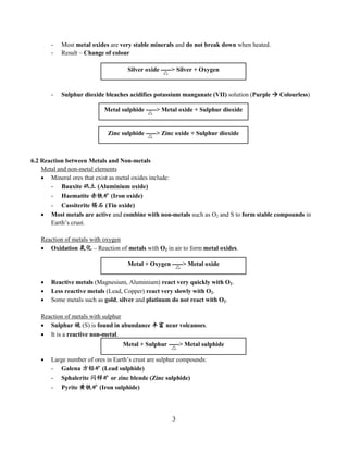 3
- Most metal oxides are very stable minerals and do not break down when heated.
- Result – Change of colour
- Sulphur dioxide bleaches acidifies potassium manganate (VII) solution (Purple  Colourless)
6.2 Reaction between Metals and Non-metals
Metal and non-metal elements
 Mineral ores that exist as metal oxides include:
- Bauxite 矾土 (Aluminium oxide)
- Haematite 赤铁矿 (Iron oxide)
- Cassiterite 锡石 (Tin oxide)
 Most metals are active and combine with non-metals such as O2 and S to form stable compounds in
Earth’s crust.
Reaction of metals with oxygen
 Oxidation 氧化 – Reaction of metals with O2 in air to form metal oxides.
 Reactive metals (Magnesium, Aluminium) react very quickly with O2.
 Less reactive metals (Lead, Copper) react very slowly with O2.
 Some metals such as gold, silver and platinum do not react with O2.
Reaction of metals with sulphur
 Sulphur 硫 (S) is found in abundance 丰富 near volcanoes.
 It is a reactive non-metal.
 Large number of ores in Earth’s crust are sulphur compounds:
- Galena 方铅矿 (Lead sulphide)
- Sphalerite 闪锌矿 or zinc blende (Zinc sulphide)
- Pyrite 黄铁矿 (Iron sulphide)
Silver oxide -----> Silver + Oxygen
Metal sulphide -----> Metal oxide + Sulphur dioxide
Zinc sulphide -----> Zinc oxide + Sulphur dioxide
Metal + Oxygen -----> Metal oxide
Metal + Sulphur -----> Metal sulphide
 