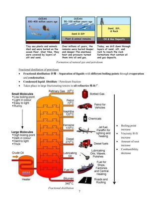 7
Fractional distillation of petroleum
 Fractional distillation 分馏 – Separation of liquids with different boiling points through evaporation
and condensation.
 Condensed liquid: Distillate / Petroleum fraction
 Takes place in large fractionating towers in oil refineries 炼油厂
Formation of natural gas and petroleum
 Boiling point
increase
 Viscosity 粘性
increase
 Amount of soot
increase
 Combustibility
decrease
Fractional distillation
 