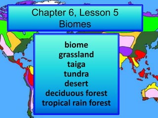 Chapter 6, Lesson 5
Biomes
biome
grassland
taiga
tundra
desert
deciduous forest
tropical rain forest
 