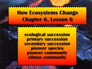 How Ecosystems ChangeChapter 6, Lesson 6 ecological succession primary succession secondary succession pioneer species pioneer community climax community 