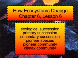 How Ecosystems Change
Chapter 6, Lesson 6
ecological succession
primary succession
secondary succession
pioneer species
pioneer community
climax community
 
