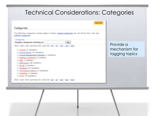 Technical Considerations: Categories
23




                                 Provide a
                                 mechanism for
                                 tagging topics
 