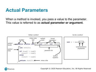 Copyright © 2020 Pearson Education, Inc. All Rights Reserved
Actual Parameters
When a method is invoked, you pass a value to the parameter.
This value is referred to as actual parameter or argument.
 