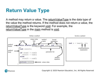 Copyright © 2020 Pearson Education, Inc. All Rights Reserved
Return Value Type
A method may return a value. The returnValueType is the data type of
the value the method returns. If the method does not return a value, the
returnValueType is the keyword void. For example, the
returnValueType in the main method is void.
 