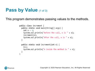 Copyright © 2020 Pearson Education, Inc. All Rights Reserved
Pass by Value (1 of 3)
This program demonstrates passing values to the methods.
 
