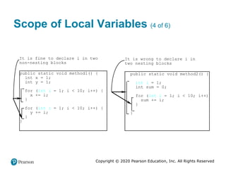 Copyright © 2020 Pearson Education, Inc. All Rights Reserved
Scope of Local Variables (4 of 6)
public static void method1() {
int x = 1;
int y = 1;
for (int i = 1; i < 10; i++) {
x += i;
}
for (int i = 1; i < 10; i++) {
y += i;
}
}
It is fine to declare i in two
non-nesting blocks
public static void method2() {
int i = 1;
int sum = 0;
for (int i = 1; i < 10; i++) {
sum += i;
}
}
It is wrong to declare i in
two nesting blocks
 