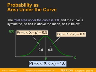Copyright © 2016 Pearson Education, Ltd. Chapter 6, Slide 15
Probability as
Area Under the Curve
The total area under the curve is 1.0, and the curve is
symmetric, so half is above the mean, half is below
f(X)
X
μ
0.5
0.5
1.0
)
X
P( 




0.5
)
X
P(μ 



0.5
μ)
X
P( 



 