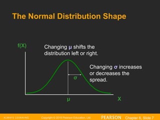 Copyright © 2016 Pearson Education, Ltd. Chapter 6, Slide 7
The Normal Distribution Shape
X
f(X)
μ
σ
Changing μ shifts the
distribution left or right.
Changing σ increases
or decreases the
spread.
 