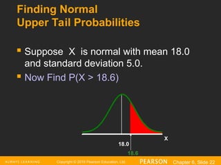 Copyright © 2016 Pearson Education, Ltd. Chapter 6, Slide 22
Finding Normal
Upper Tail Probabilities
 Suppose X is normal with mean 18.0
and standard deviation 5.0.
 Now Find P(X > 18.6)
X
18.6
18.0
 