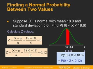 Copyright © 2016 Pearson Education, Ltd. Chapter 6, Slide 24
Finding a Normal Probability
Between Two Values
 Suppose X is normal with mean 18.0 and
standard deviation 5.0. Find P(18 < X < 18.6)
P(18 < X < 18.6)
= P(0 < Z < 0.12)
Z
0.12
0
X
18.6
18
0
5
8
1
18
σ
μ
X
Z 




0.12
5
8
1
18.6
σ
μ
X
Z 




Calculate Z-values:
 