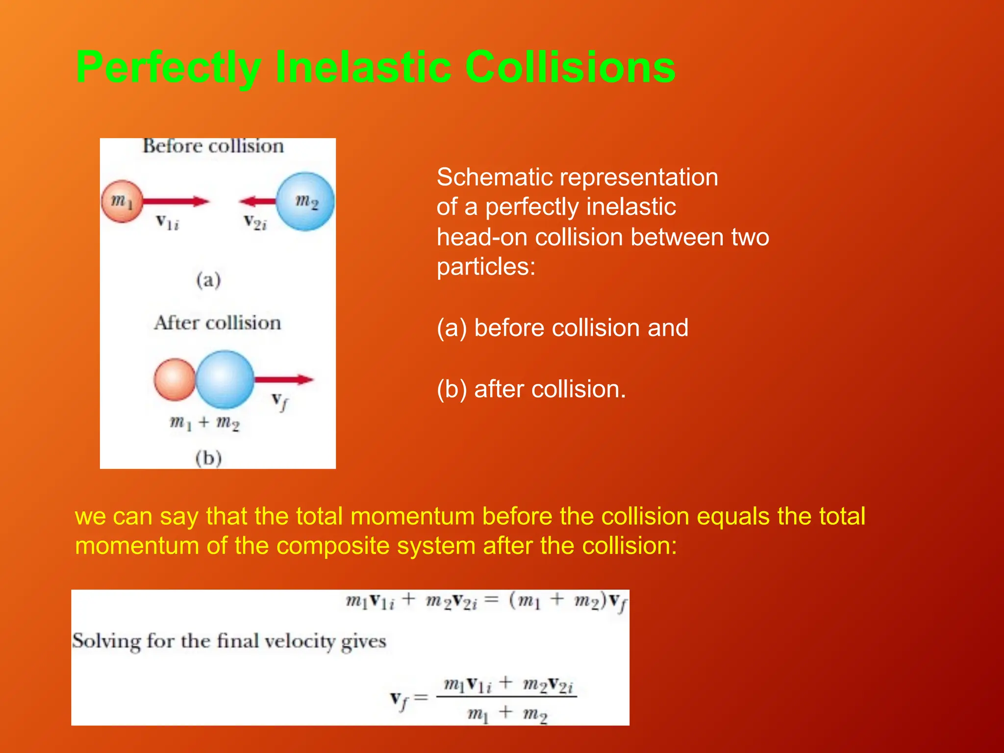 Schematic representation
of a perfectly inelastic
head-on collision between two
particles:
(a) before collision and
(b) after collision.
Perfectly Inelastic Collisions
we can say that the total momentum before the collision equals the total
momentum of the composite system after the collision:
 