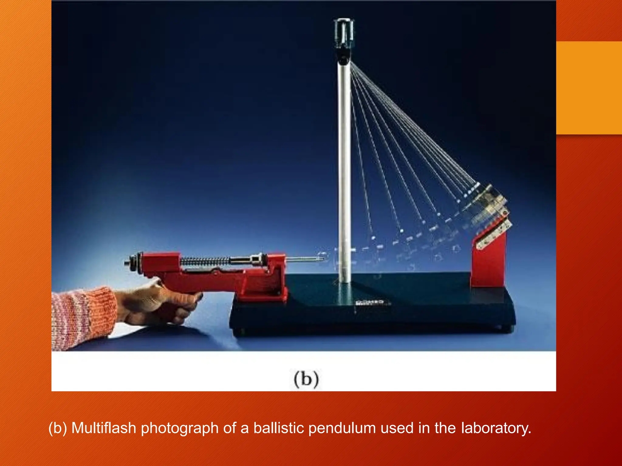 (b) Multiflash photograph of a ballistic pendulum used in the laboratory.
 