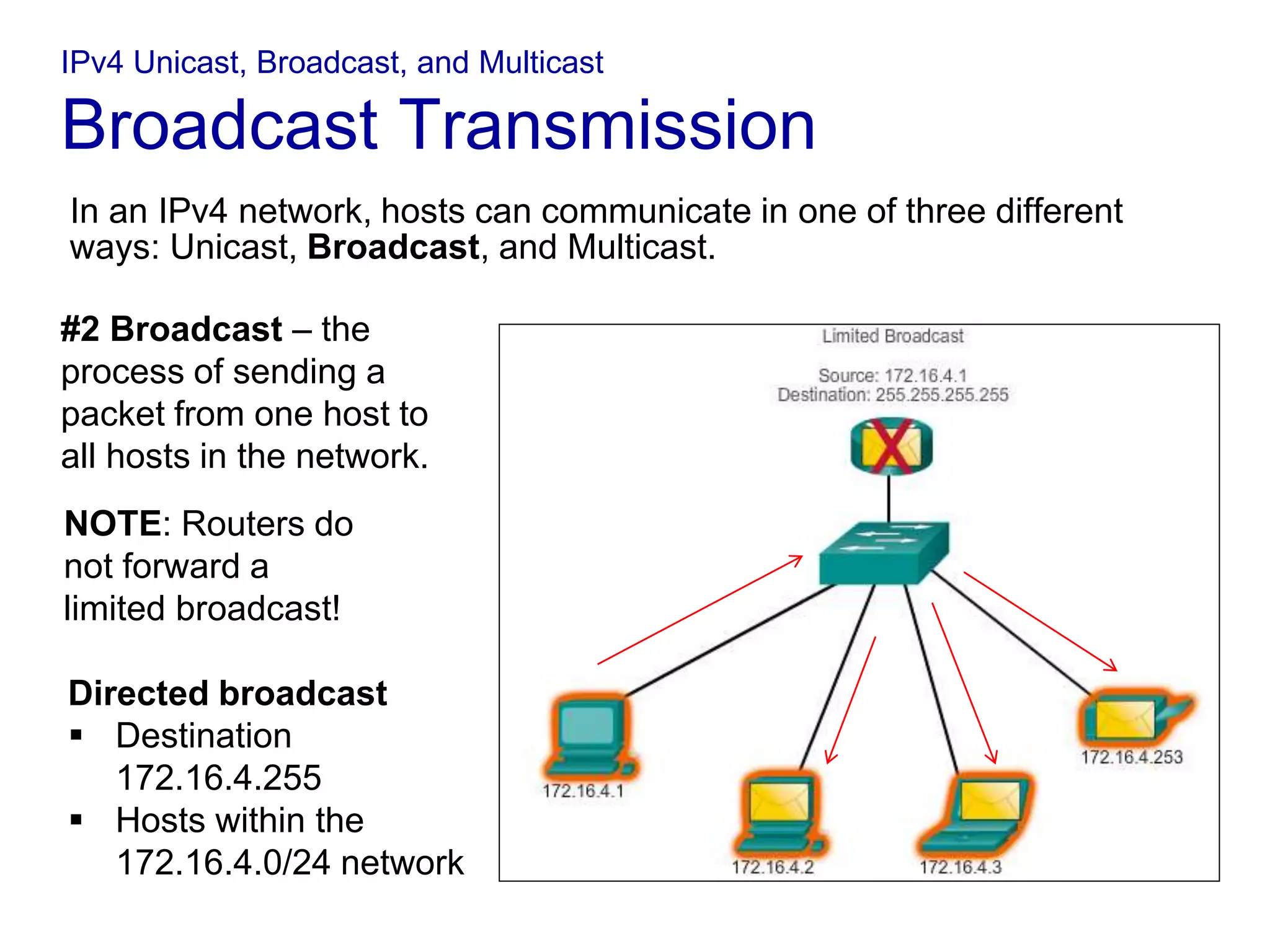 IPv4 Unicast, Broadcast, and Multicast
Broadcast Transmission
In an IPv4 network, hosts can communicate in one of three different
ways: Unicast, Broadcast, and Multicast.
NOTE: Routers do
not forward a
limited broadcast!
Directed broadcast
• Destination 172.16.4.255
• Hosts within the
172.16.4.0/24 network
#2 Broadcast – the
process of sending a
packet from one host to
all hosts in the network.
Directed broadcast
 Destination
172.16.4.255
 Hosts within the
172.16.4.0/24 network
 