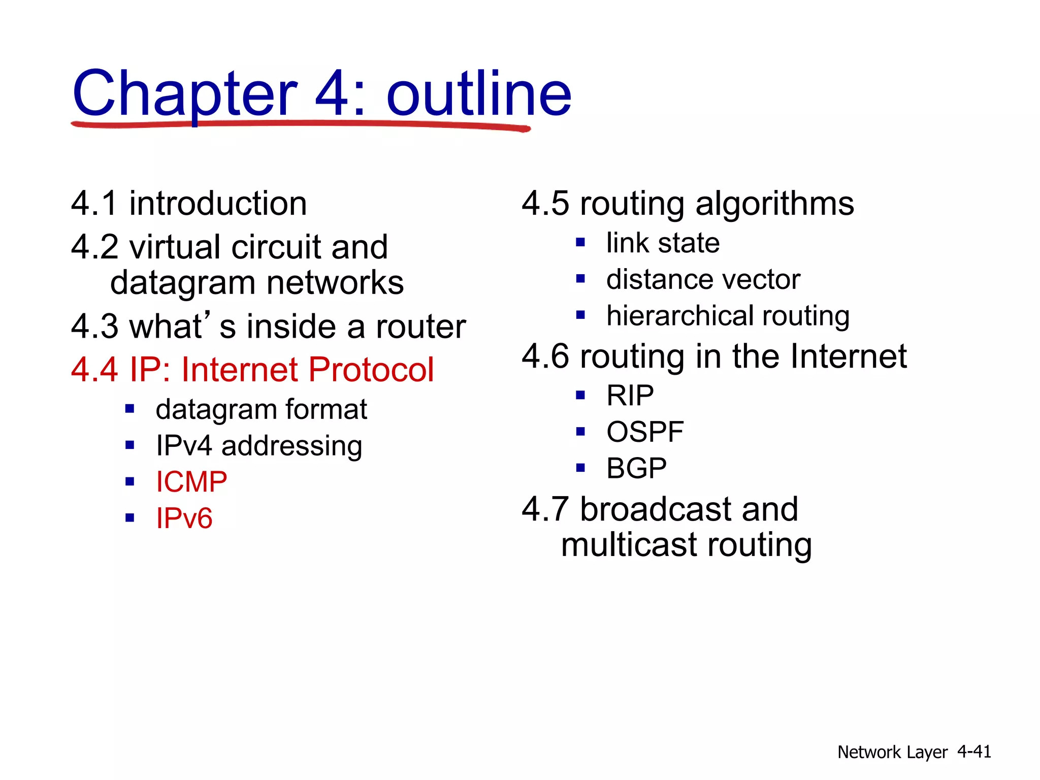 Network Layer 4-41
4.1 introduction
4.2 virtual circuit and
datagram networks
4.3 what’s inside a router
4.4 IP: Internet Protocol
 datagram format
 IPv4 addressing
 ICMP
 IPv6
4.5 routing algorithms
 link state
 distance vector
 hierarchical routing
4.6 routing in the Internet
 RIP
 OSPF
 BGP
4.7 broadcast and
multicast routing
Chapter 4: outline
 