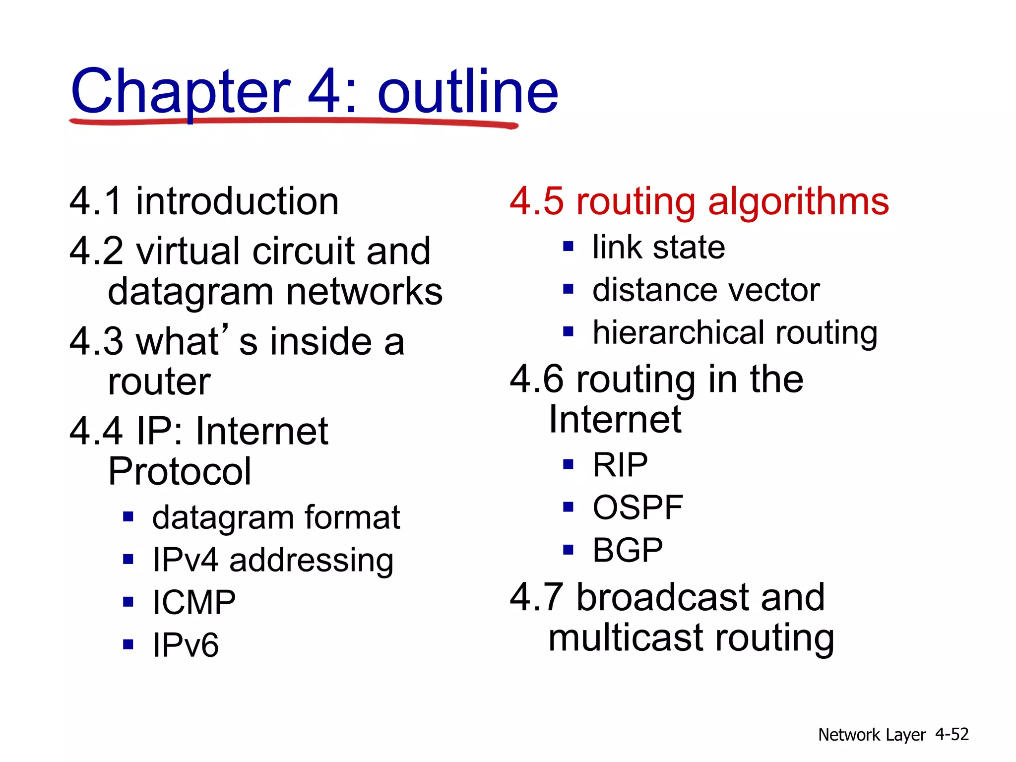 Network Layer 4-52
4.1 introduction
4.2 virtual circuit and
datagram networks
4.3 what’s inside a
router
4.4 IP: Internet
Protocol
 datagram format
 IPv4 addressing
 ICMP
 IPv6
4.5 routing algorithms
 link state
 distance vector
 hierarchical routing
4.6 routing in the
Internet
 RIP
 OSPF
 BGP
4.7 broadcast and
multicast routing
Chapter 4: outline
 