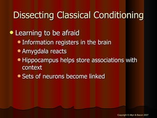 Dissecting Classical Conditioning Learning to be afraid Information registers in the brain Amygdala reacts Hippocampus helps store associations with context Sets of neurons become linked 