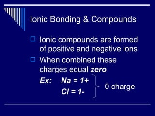 Ionic Bonding & Compounds Ionic compounds are formed of positive and negative ions When combined these charges equal  zero Ex:  Na = 1+ Cl = 1- 0 charge 