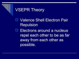 VSEPR Theory Valence Shell Electron Pair Repulsion Electrons around a nucleus repel each other to be as far away from each other as possible. 