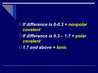 If difference is 0-0.3 =  nonpolar covalent If difference is 0.3 – 1.7 =  polar covalent 1.7 and above =  Ionic 