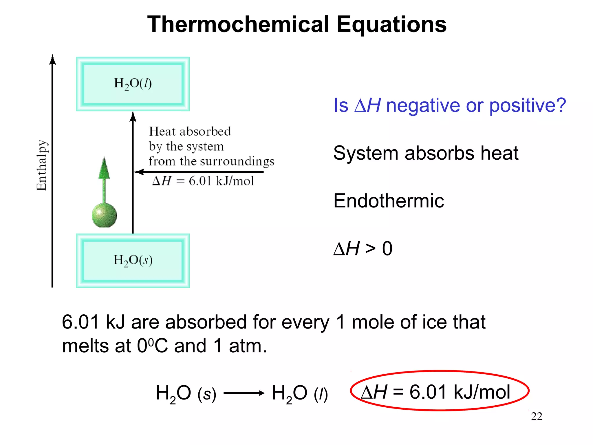 22
Thermochemical Equations
H2O (s) H2O (l) ∆H = 6.01 kJ/mol
Is ∆H negative or positive?
System absorbs heat
Endothermic
∆H > 0
6.01 kJ are absorbed for every 1 mole of ice that
melts at 00
C and 1 atm.
 
