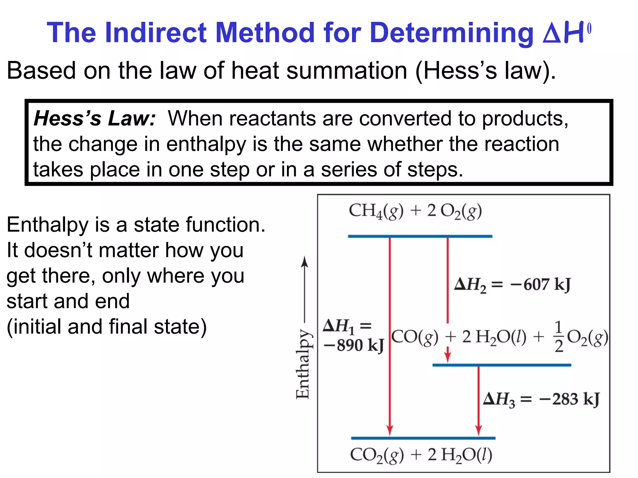 The Indirect Method for Determining ∆H0
Based on the law of heat summation (Hess’s law).
Hess’s Law: When reactants are converted to products,
the change in enthalpy is the same whether the reaction
takes place in one step or in a series of steps.
Enthalpy is a state function.
It doesn’t matter how you
get there, only where you
start and end
(initial and final state)
 
