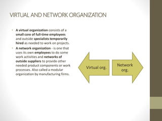 VIRTUAL AND NETWORK ORGANIZATION
• A virtual organization consists of a
small core of full-time employees
and outside specialists temporarily
hired as needed to work on projects.
• A network organization - is one that
uses its own employees to do some
work activities and networks of
outside suppliers to provide other
needed product components or work
processes. Also called a modular
organization by manufacturing firms.
Virtual org.
Network
org.
 