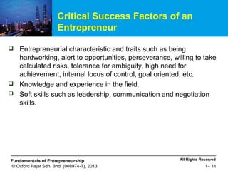All Rights ReservedFundamentals of Entrepreneurship
© Oxford Fajar Sdn. Bhd. (008974-T), 2013 1– 11
Critical Success Factors of an
Entrepreneur
 Entrepreneurial characteristic and traits such as being
hardworking, alert to opportunities, perseverance, willing to take
calculated risks, tolerance for ambiguity, high need for
achievement, internal locus of control, goal oriented, etc.
 Knowledge and experience in the field.
 Soft skills such as leadership, communication and negotiation
skills.
 