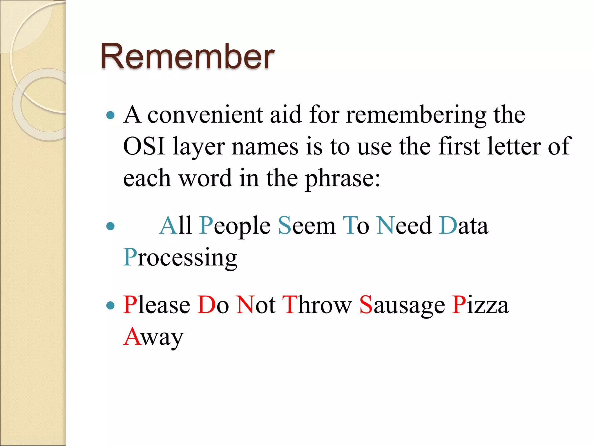 Remember
 A convenient aid for remembering the
OSI layer names is to use the first letter of
each word in the phrase:
 All People Seem To Need Data
Processing
 Please Do Not Throw Sausage Pizza
Away
 