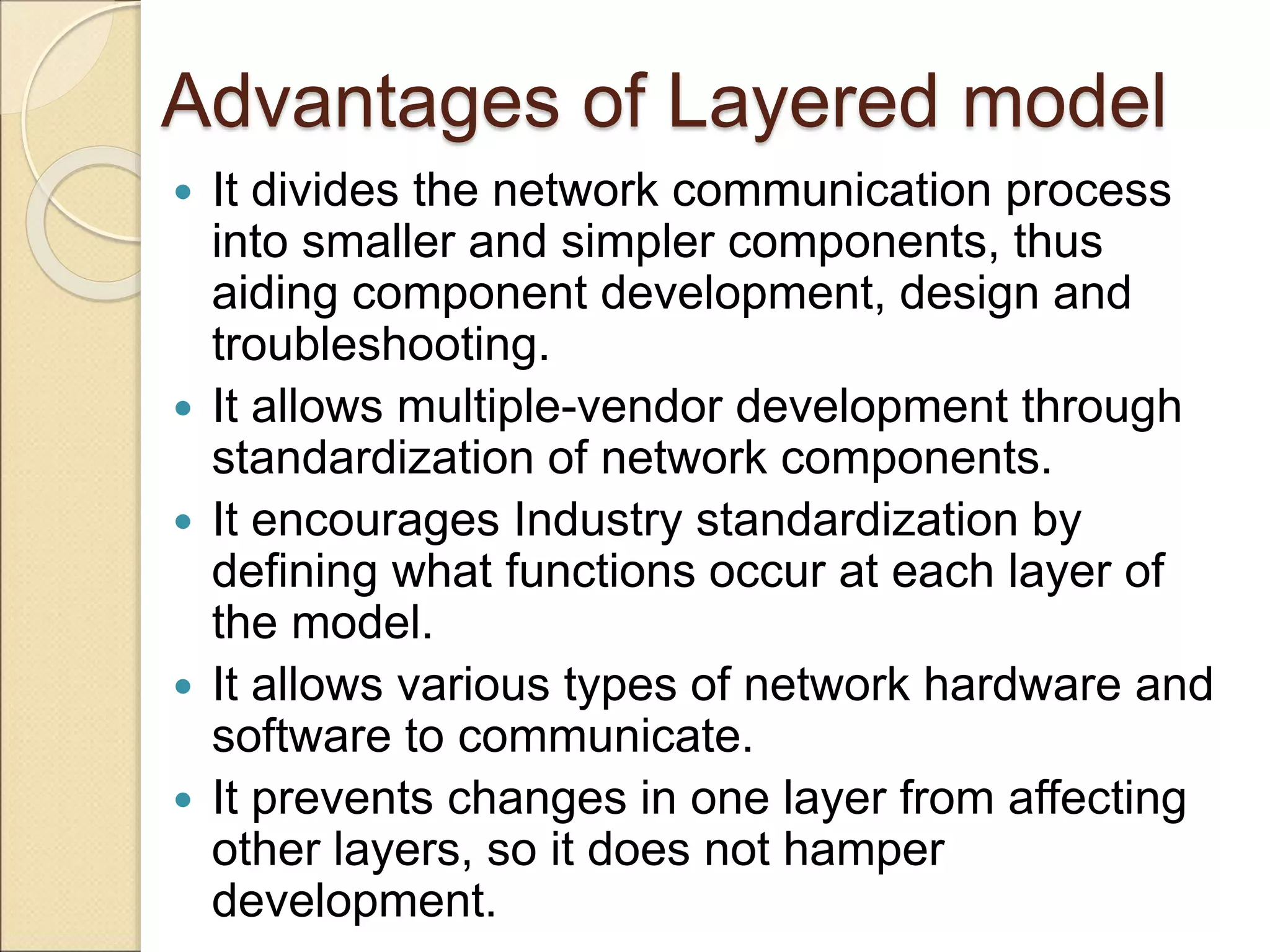 Advantages of Layered model
 It divides the network communication process
into smaller and simpler components, thus
aiding component development, design and
troubleshooting.
 It allows multiple-vendor development through
standardization of network components.
 It encourages Industry standardization by
defining what functions occur at each layer of
the model.
 It allows various types of network hardware and
software to communicate.
 It prevents changes in one layer from affecting
other layers, so it does not hamper
development.
 