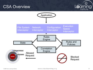 CSA Overview
                                                         Application



                                                                               Execution
                                   File System   Network       Configuration
                                                                               Space
                                   Interceptor   Interceptor   Interceptor
                                                                               Interceptor

                                                           Rules
                                                           Engine
                                     State                                       Rules and
                                                                                  Policies
                                                         Correlation
                                                          Engine
                                          Allowed
                                          Request
                                                                                      Blocked
                                                                                      Request


© 2009 Cisco Learning Institute.                                                                21
 