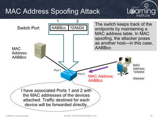 MAC Address Spoofing Attack
                                        1         2
                                                              The switch keeps track of the
                Switch Port         AABBcc 12AbDd             endpoints by maintaining a
                                                              MAC address table. In MAC
                                                              spoofing, the attacker poses
                                                              as another host—in this case,
        MAC                                                   AABBcc
        Address:
        AABBcc
                                                                                 MAC
                                                                                 Address:
                                      Port 1
                                                                                 12AbDd
                                                  Port 2
                                                           MAC Address:          Attacker
                                                           AABBcc

                     I have associated Ports 1 and 2 with
                       the MAC addresses of the devices
                       attached. Traffic destined for each
                        device will be forwarded directly.

© 2009 Cisco Learning Institute.                                                            27
 