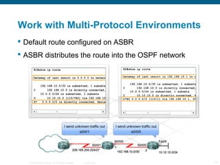 Work with Multi-Protocol Environments
 Default route configured on ASBR
 ASBR distributes the route into the OSPF networ...