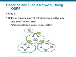 Describe and Plan a Network Using
  OSPF
 Area 0
 Roles of routers in an OSPF Autonomous System:
    Area Border Router ...