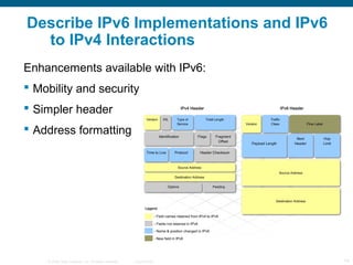 Describe IPv6 Implementations and IPv6
  to IPv4 Interactions
Enhancements available with IPv6:
 Mobility and security
 ...